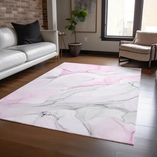 Gray and Pink Abstract Washable Non Skid Indoor Outdoor Area Rug Photo 9