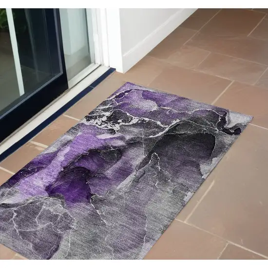 3' X 5' Gray and Purple Abstract Washable Non Skid Indoor Outdoor Area Rug Photo 1