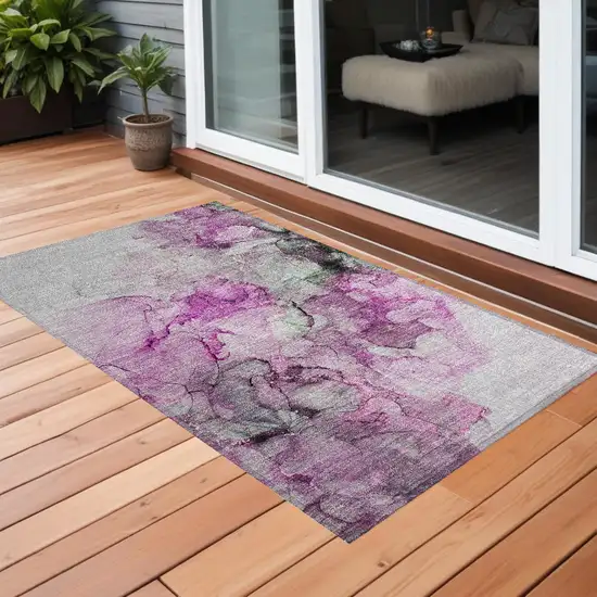 Gray and Purple Abstract Washable Non Skid Indoor Outdoor Area Rug Photo 2