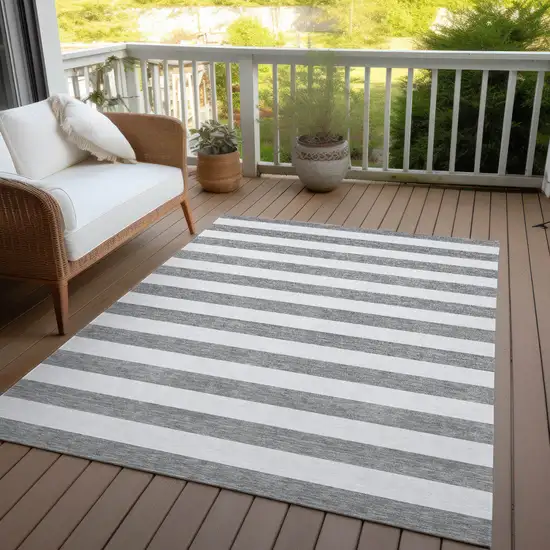 3' X 4' Gray and White Striped Washable Non Skid Indoor Outdoor Area Rug Photo 8