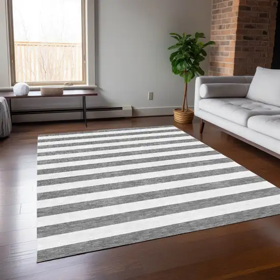 3' X 4' Gray and White Striped Washable Non Skid Indoor Outdoor Area Rug Photo 9