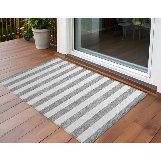 Gray and White Striped Washable Non Skid Indoor Outdoor Area Rug Photo 1