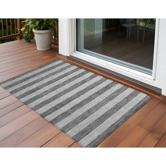 3' X 4' Gray and White Striped Washable Non Skid Indoor Outdoor Area Rug Photo 1