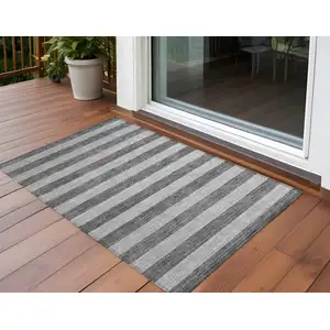 Photo of 3' X 4' Gray and White Striped Washable Non Skid Indoor Outdoor Area Rug