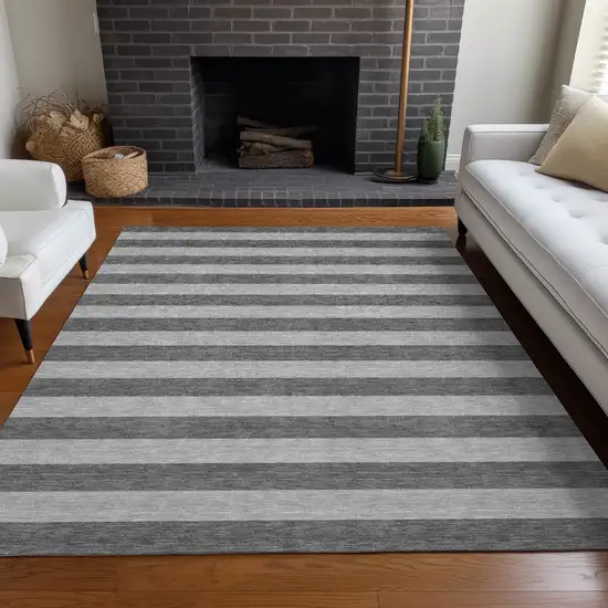 3' X 5' Gray and White Striped Washable Non Skid Indoor Outdoor Area Rug Photo 9