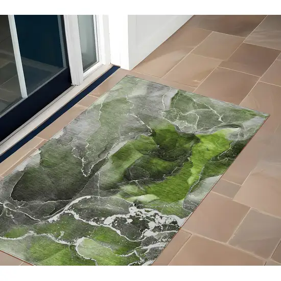 Green Abstract Washable Non Skid Indoor Outdoor Area Rug Photo 1