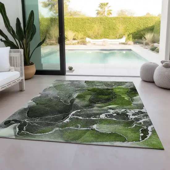 Green Abstract Washable Non Skid Indoor Outdoor Area Rug Photo 8