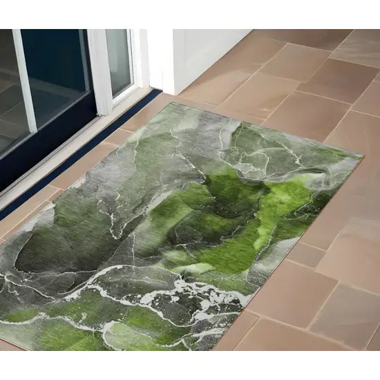 Green Abstract Washable Non Skid Indoor Outdoor Area Rug Photo 1