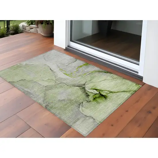 3' X 5' Green Abstract Washable Non Skid Indoor Outdoor Area Rug Photo 1