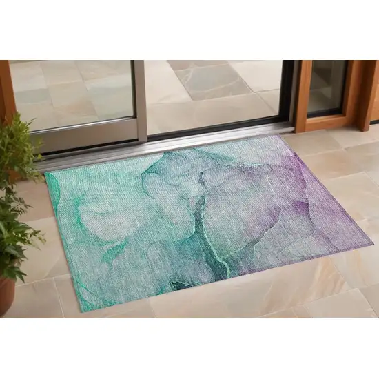 Green Abstract Washable Non Skid Indoor Outdoor Area Rug Photo 1