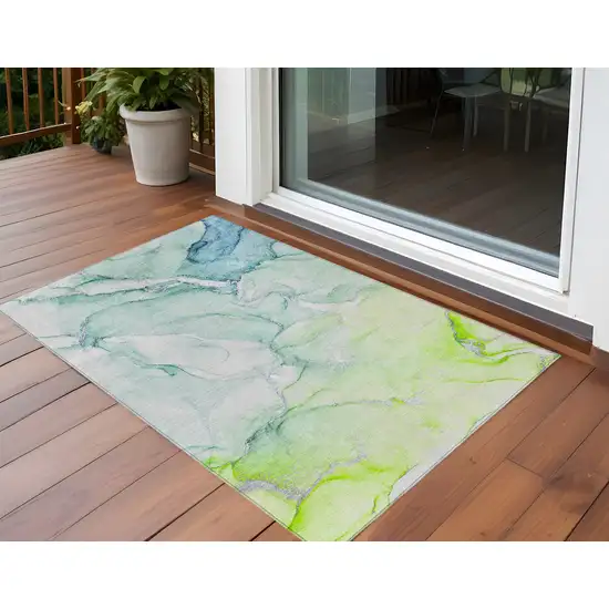 Green Abstract Washable Non Skid Indoor Outdoor Area Rug Photo 1