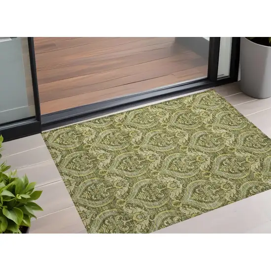 3' X 4' Green Damask Washable Non Skid Indoor Outdoor Area Rug Photo 1