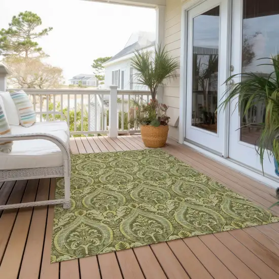 Green Damask Washable Non Skid Indoor Outdoor Area Rug Photo 9