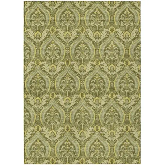 Green Damask Washable Non Skid Indoor Outdoor Area Rug Photo 2