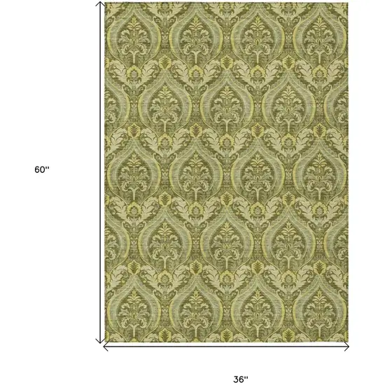 Green Damask Washable Non Skid Indoor Outdoor Area Rug Photo 3