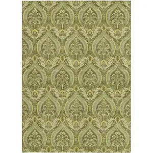 Photo of 3' X 5' Green Damask Washable Non Skid Indoor Outdoor Area Rug