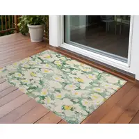 Photo of 3' X 4' Green Floral Washable Non Skid Indoor Outdoor Area Rug