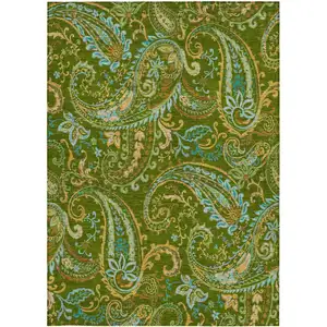 Photo of 3' X 4' Green Paisley Washable Non Skid Indoor Outdoor Area Rug