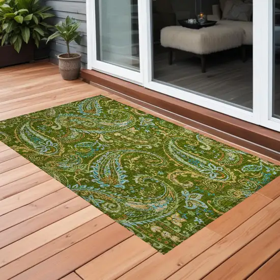 Green Paisley Washable Non Skid Indoor Outdoor Area Rug Photo 1