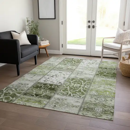 3' X 5' Green Patchwork Washable Non Skid Indoor Outdoor Area Rug Photo 9