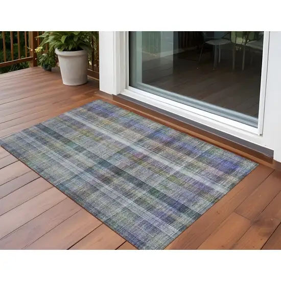 Blue Gray and Green Plaid Washable Non Skid Indoor Outdoor Area Rug Photo 1