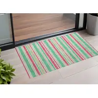 Photo of 3' X 4' Green Striped Washable Non Skid Indoor Outdoor Area Rug