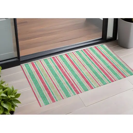 3' X 4' Green Striped Washable Non Skid Indoor Outdoor Area Rug Photo 1