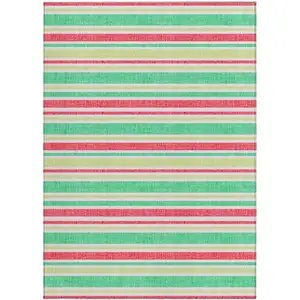 Photo of 3' X 5' Green Striped Washable Non Skid Indoor Outdoor Area Rug