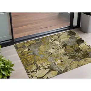 Photo of 3' X 5' Green and Brown Floral Washable Non Skid Indoor Outdoor Area Rug