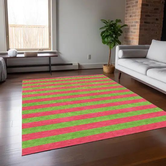 Green and Red Striped Washable Indoor Outdoor Area Rug Photo 7