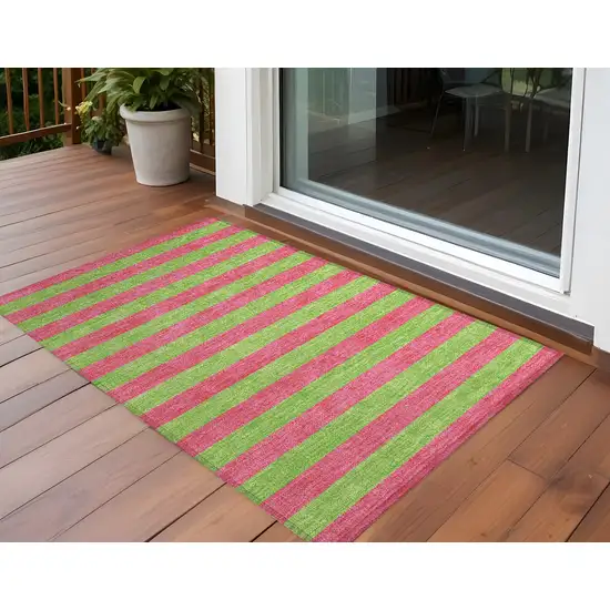 3' X 5' Green and Red Striped Washable Non Skid Indoor Outdoor Area Rug Photo 1