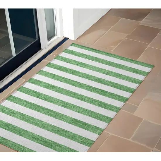 Green and White Striped Washable Indoor Outdoor Area Rug Photo 1