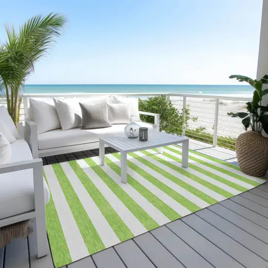 Lime Green and White Striped Washable Indoor Outdoor Area Rug Photo 6