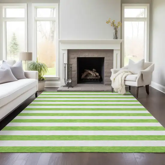 3' X 5' Green and White Striped Washable Non Skid Indoor Outdoor Area Rug Photo 8