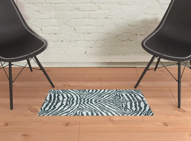 2' X 3' Grey Zebra Print Shag Handmade Non Skid Area Rug Photo 2