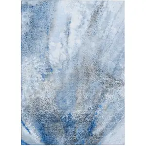 Photo of 3' X 5' Ivory Blue and Gray Abstract Washable Non Skid Indoor Outdoor Area Rug