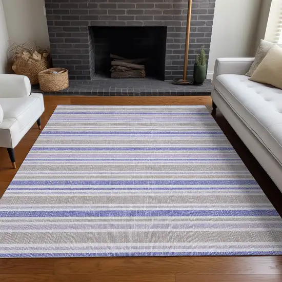 Ivory Blue and Gray Striped Washable Indoor Outdoor Area Rug Photo 9