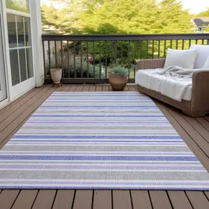 Photo of 3' X 4' Ivory Blue and Gray Striped Washable Non Skid Indoor Outdoor Area Rug