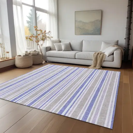 3' X 4' Ivory Blue and Gray Striped Washable Non Skid Indoor Outdoor Area Rug Photo 8