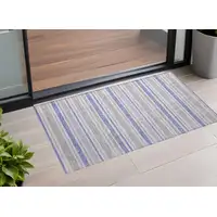 Photo of 3' X 5' Ivory Blue and Gray Striped Washable Non Skid Indoor Outdoor Area Rug