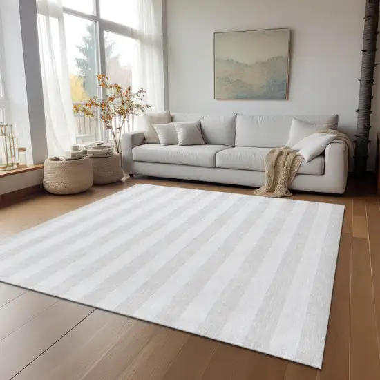 Ivory Striped Washable Indoor Outdoor Area Rug Photo 9