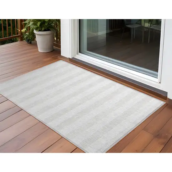 Ivory Striped Washable Indoor Outdoor Area Rug Photo 1