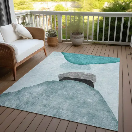 3' X 4' Ivory Teal and Gray Abstract Washable Non Skid Indoor Outdoor Area Rug Photo 8