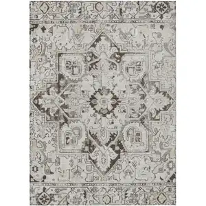 Photo of 3' X 4' Ivory and Dark Brown Oriental Washable Non Skid Indoor Outdoor Area Rug