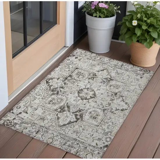 3' X 4' Ivory and Dark Brown Oriental Washable Non Skid Indoor Outdoor Area Rug Photo 1