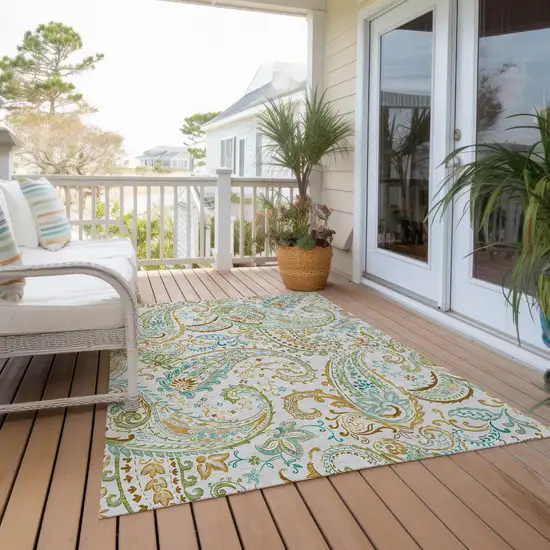 3' X 4' Ivory and Gold Paisley Washable Non Skid Indoor Outdoor Area Rug Photo 9