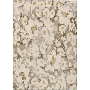 Photo of 3' X 4' Khaki Floral Washable Non Skid Indoor Outdoor Area Rug