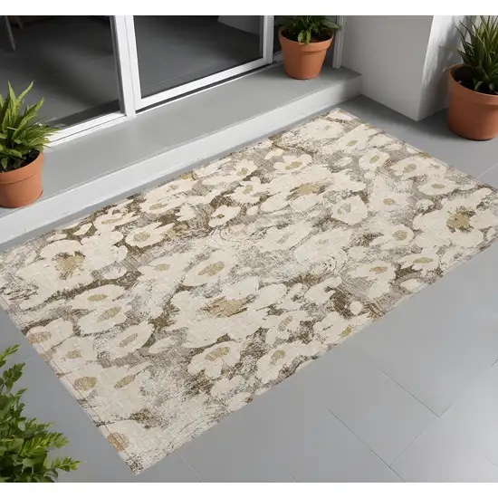 3' X 4' Khaki Floral Washable Non Skid Indoor Outdoor Area Rug Photo 1