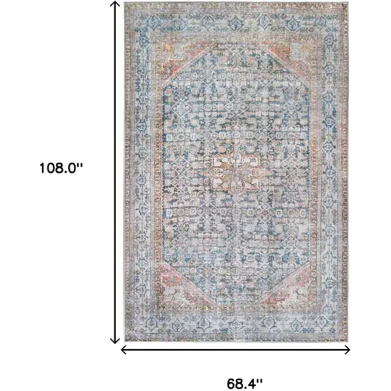 5' X 8' Latte and Blue Oriental Medallion Stain Resistant Area Rug Photo 7