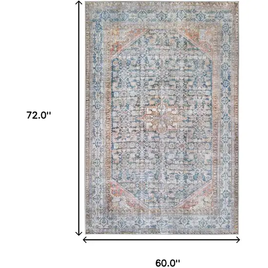 5' X 7' Latte and Blue Oriental Medallion Stain Resistant Area Rug Photo 7